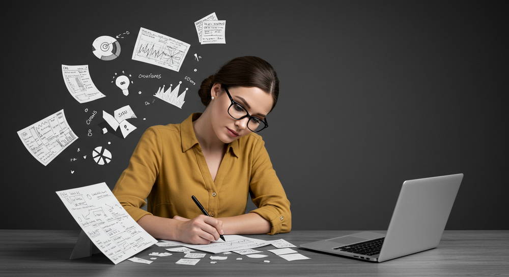 A small business owner ignoring other tasks because she is writing. 