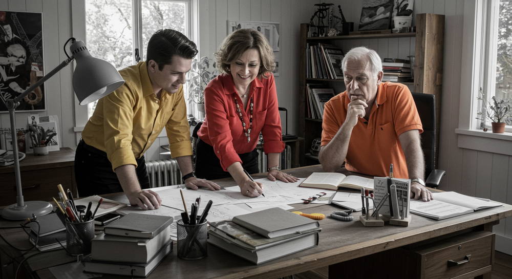 Three people collaborate on a project using custom digital marketing services. 