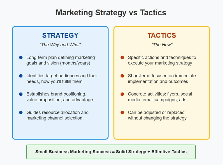 Small business marketing strategy is long term and takes planning. Tactics are short term and don't work well without a plan.